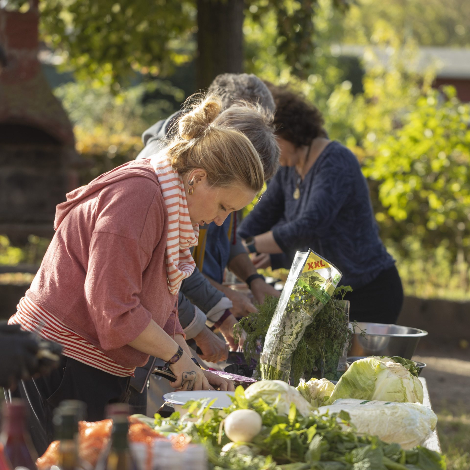 Menschen in Kleingartenanlage beim kochen